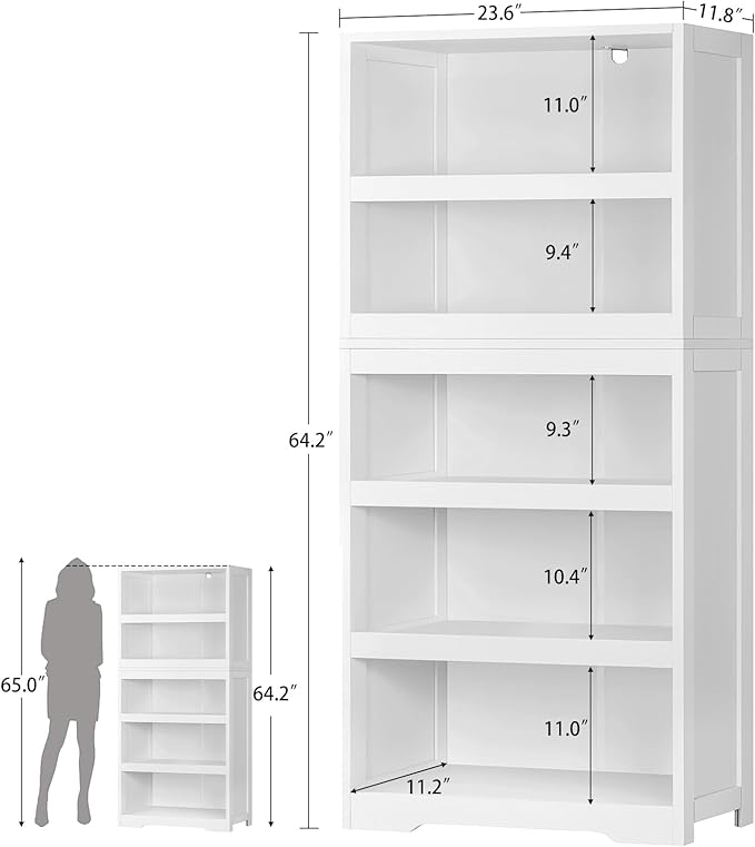 TEENFON 64.2" Tall Storage Cabinet, 5-Tier Open Storage Shelves, Split Free Standing Bookcase and Bookshelves, Modern Display Bookshelf for Office, Living Room, Bedroom