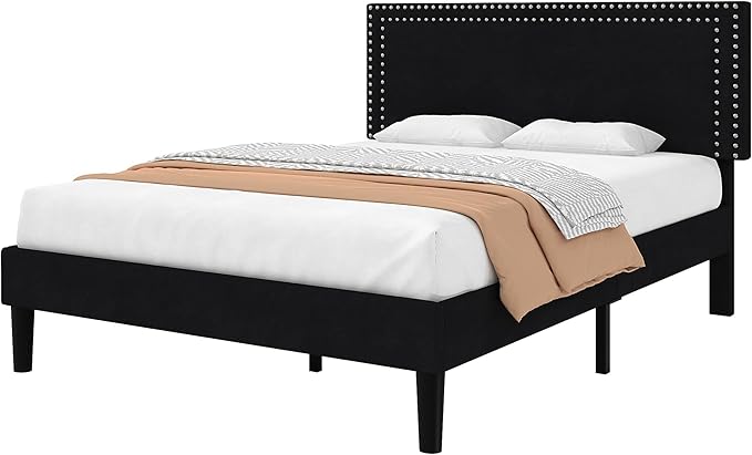 VECELO Full Size Bed Frame with Adjustable Upholstered Headboard, Wooden Slats Platform, Noise-Free Design, Easy Assembly