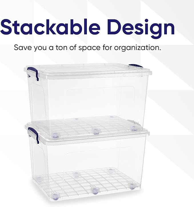 Superio 44 Qt Clear Plastic Storage Bin with Lid and Wheels, Non-Toxic, BPA Free, Odor Free, Organizer Storage Box, Stackable Plastic Tote for Home, Garage, Closet