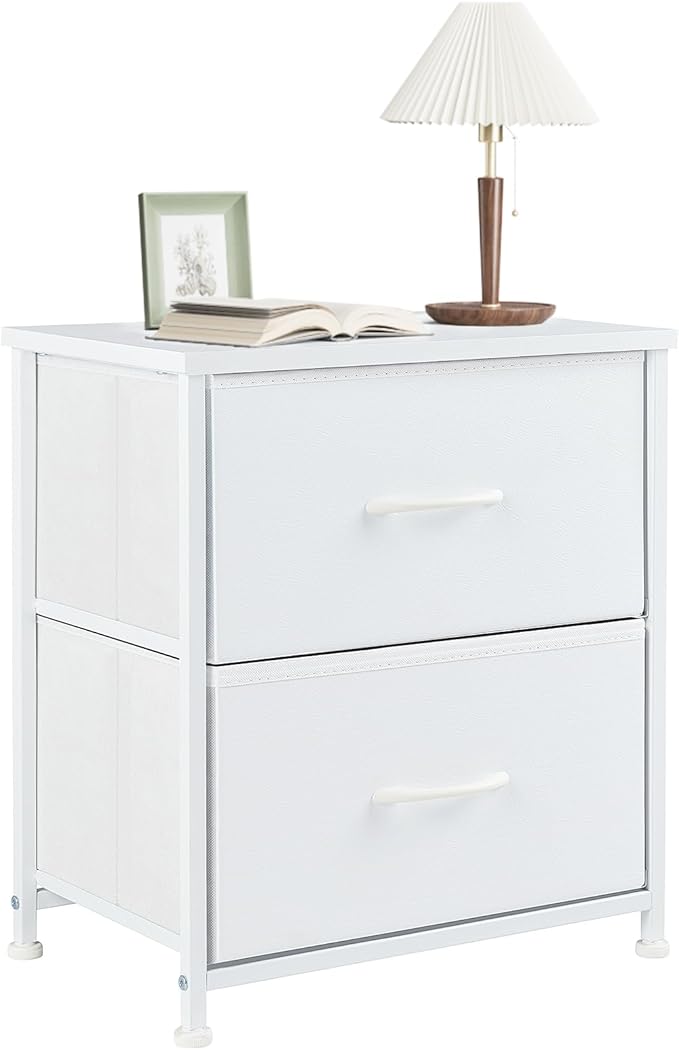 NEWBULIG Nightstand Small Dresser with 2 Fabric Drawers 25 Inch Tall Bedside Table Storage Furniture for Bedroom Closet Entryway College Dorm White