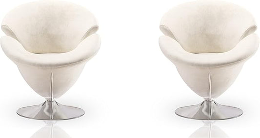 Manhattan Comfort Tulip Swivel Accent Chair Set of 2 with 360° Turn, Modern Flower Inspired Design, Soft Velvet Upholstery, Polished Chrome Base, No Assembly Required, 300 Lbs Capacity, White