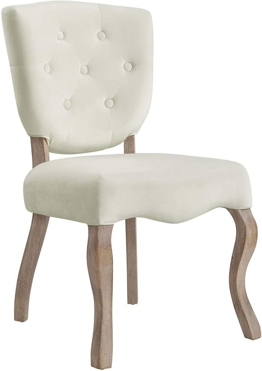 Modway Array French Vintage Tufted Performance Velvet Weathered Wood Four Kitchen and Dining Room Chairs in Ivory - Fully Assembled