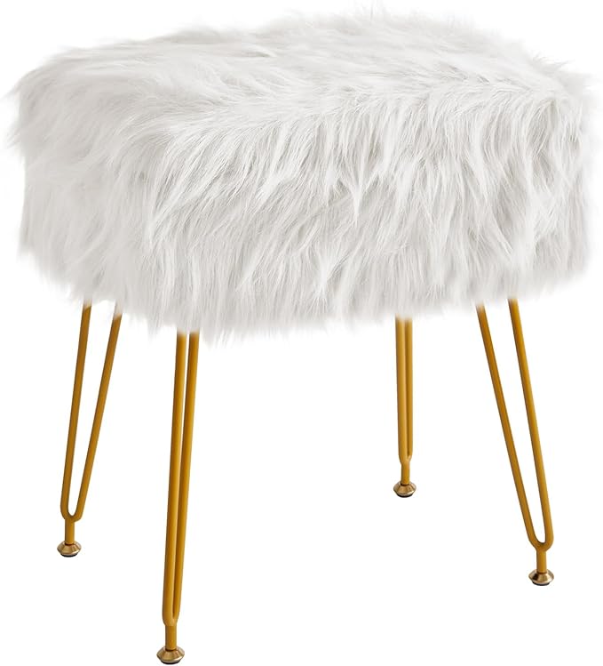 IBUYKE Rectangular Faux Fur Vanity Stool with Storage, Furry Makeup Chair Ottoman, Soft Padded Seat, Round Footrest Footstools with 4 Metal Legs, for Living Room Bedroom Entryway, White WBD022W