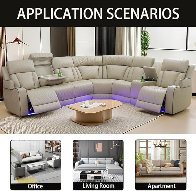 A Ainehome Living Room Furniture L Shaped Recliner Couch, Power Recliner Adjustable Sofa, Loveseat and Chair with Storage Console for Living Room/Office(C-Beige)