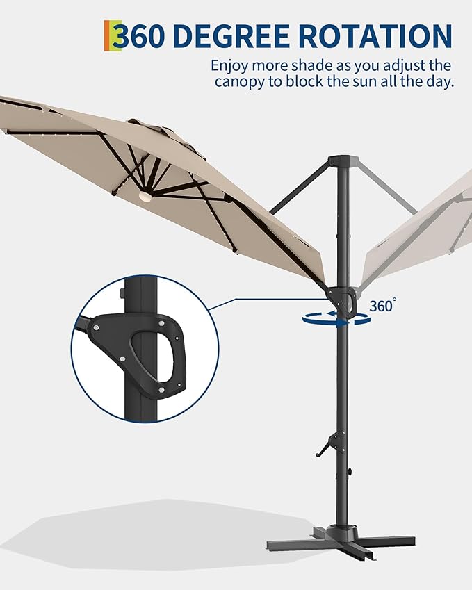 GarveeLife 10FT Patio Umbrella Outdoor Solar LED Large Cantilever Umbrella Market Sun Shade Windproof Offset Umbrella with 360-Degree Rotation for Garden Deck Pool Patio, Tan