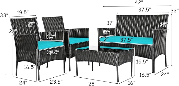 Tangkula 4 Piece Patio Furniture Set, Outdoor Wicker Conversation Set with Tempered Glass Coffee Table, Rattan Loveseat & Chairs Set with Seat Cushions for Backyard, Garden, Poolside (1, Turquoise)