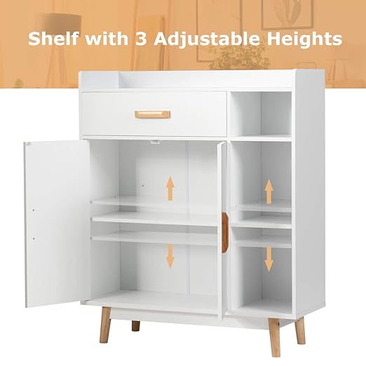 Giantex Floor Storage Cabinet, Freestanding Cupboard with 1 Drawer, 2 Doors, 3 Shelves, 4 Rubber Wood Legs, Sideboard, Entryway Unit for Home Office, Living Room, Storage Organizer (White)