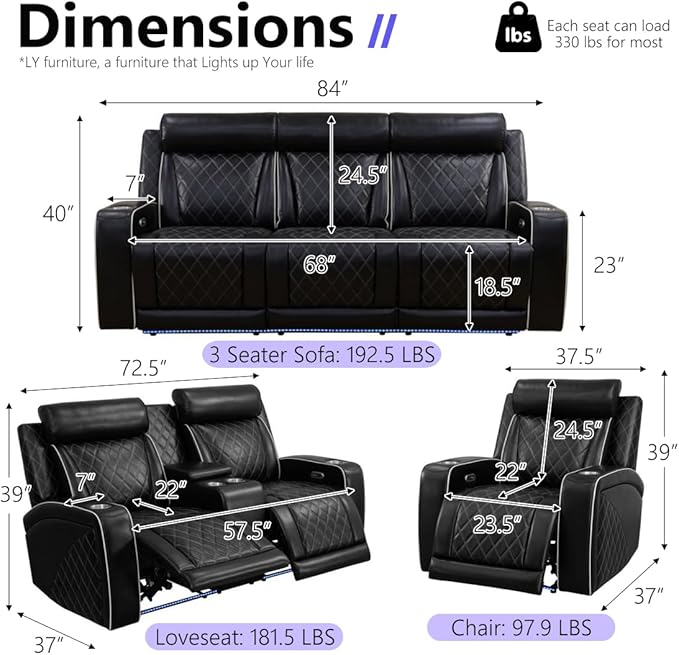 Power Recliner Sofa Set, Breathing Leather Reclining Couch Set, Home Theater Recliner Couches with Cup Holders/Charging/LED Lights, Living Room Furniture with 4 Reclining Seats, 3+1+1, Black