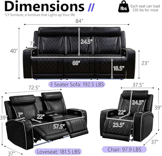 Power Reclining Sofa Set, Home Theater Recliner Sofa & Loveseat with LED, Breathing Leather Reclining Couch Set with Cupholders/Storage/Charging/Head Lamp for Living Room/Office, 3+2, Black