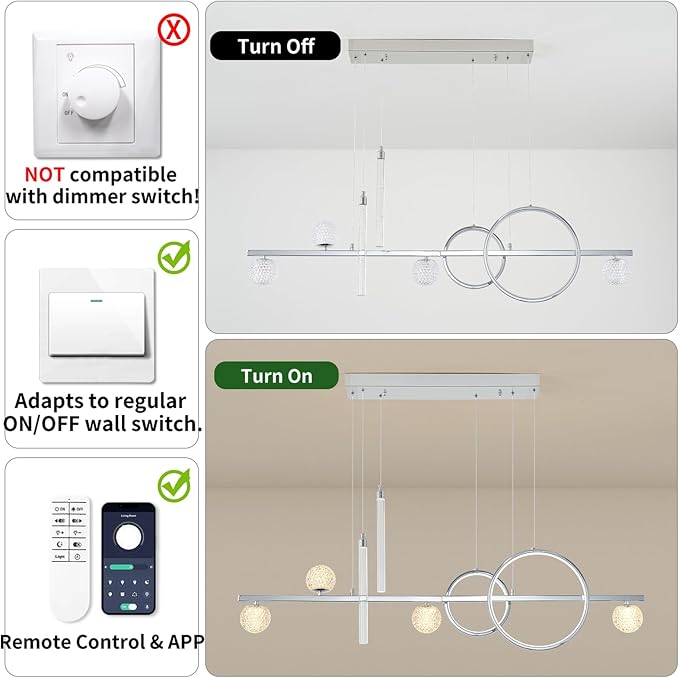 Modern LED Pendant Lights, Dimmable 47in Silver LED Chandelier Lighting, Upgraded Chrome Linear Dining Room Hanging Light Fixtures Kitchen Island Globe Pendant Light for Dining Table (4200lm)
