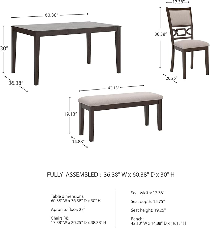 Signature Design by Ashley Langwest Classic Upholstered Dining Table and 4 Chairs and Bench, Set of 6, Dark Brown & Light Gray