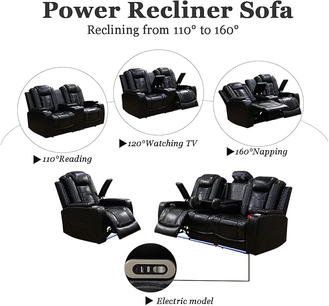A Ainehome Power Leather Recliner Sofa Set with LED Lights, Recliner Sofa Sectional Couches for Living Room, Reclining Sofa, loveseat, Chair with USB Port/Storage Console/Cup Holder(Black,Sofa+Chair)