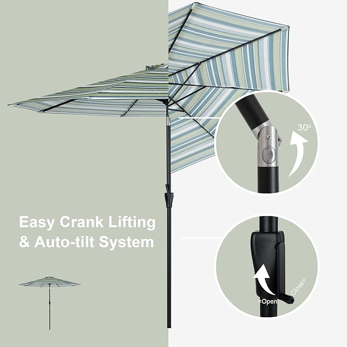Tempera Striped Patio Umbrellas Outdoor Table Market Umbrellas with Crank & Pust Button Tilt|Auto-Tilt, 8 Steel Ribs, High Color-Fastness Canopy