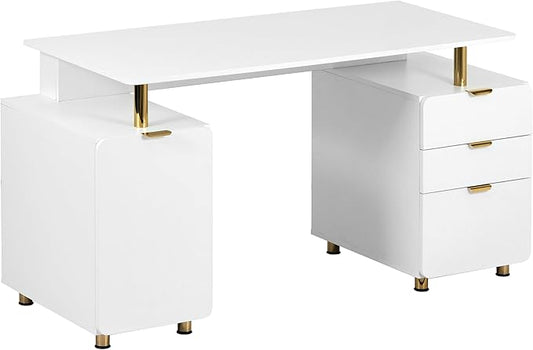 Elegant 56.75" W Executive Desk with 3 Drawers and Storage Cabinet, Modern Office Desk with Gold Accents, Floating Work Surface, Closed Storage with Ventilation & Adjustable Shelf (White,Gold)