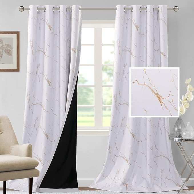 H.VERSAILTEX 100% Blackout Curtains 96 inch Length 2 Panels Set Marble Designs Printed Drapes Thermal Curtains for Bedroom with Black Liner Sound Proof Curtains, Gold