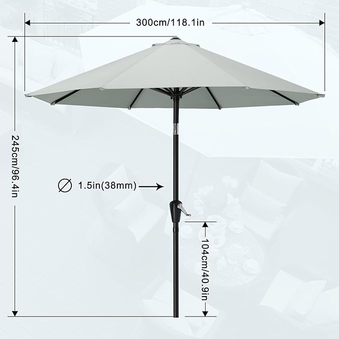 MASTERCANOPY 10FT Patio Umbrella with Push Button Tilt and Crank, Outdoor Market Umbrella with 8 Sturdy Ribs, UV Protection & Waterproof for Garden, Deck, Backyard, Pool (Light Gray)