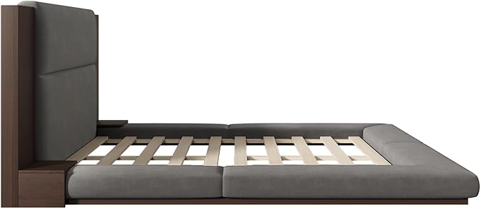 Merax King Size Floor Upholstered Platform Bed with Extended Wood Headboard and Bedside Shelf,No Box Spring Needed,Gray