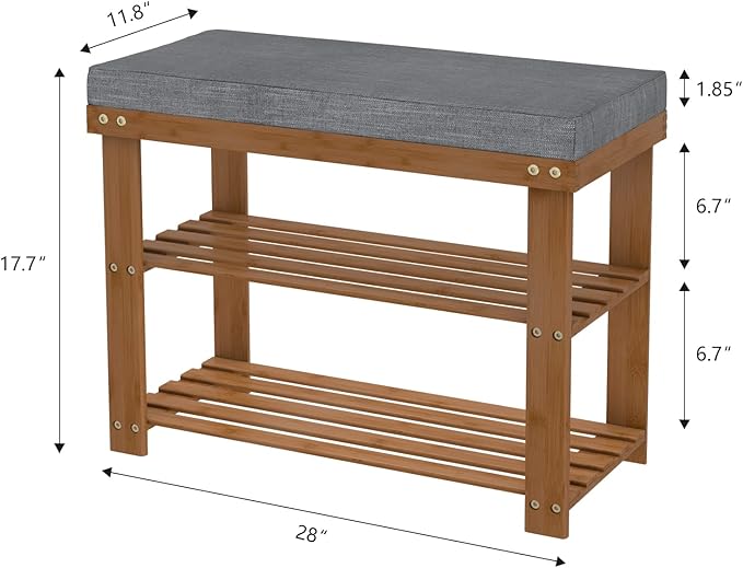 Domax Shoe Rack Bench for Entryway, 3-Tier Bamboo Shoe Holder with Cushioned Upholstered Seat, Brown