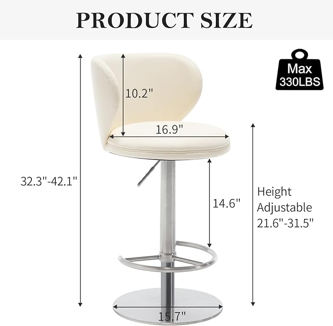 Stainless Steel Bar Stools,Grade Modern Leather Bar Chair with Backrest,Swivel Adjustable Height for Kitchen Counter and Dining Room (White Leather-1pc)