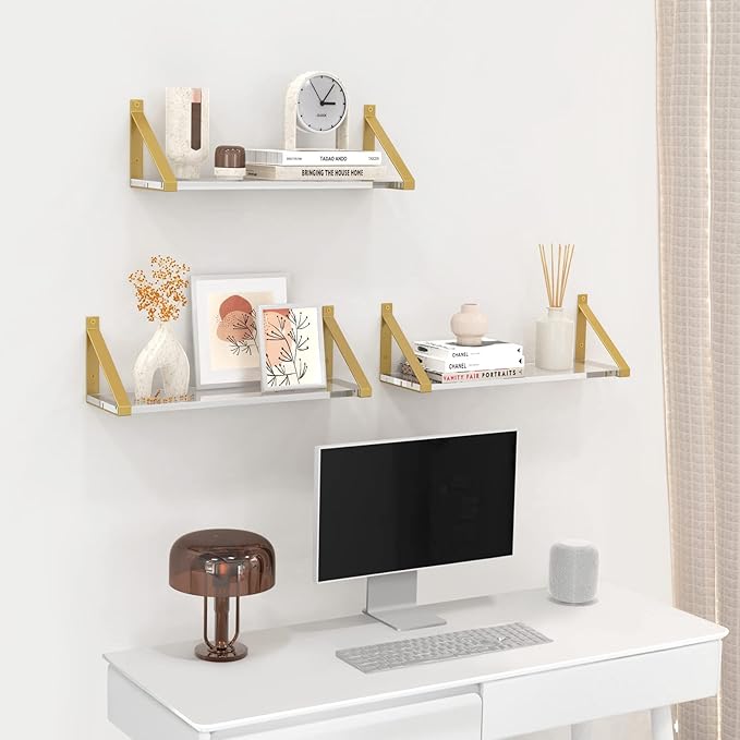 Clear Shelves, Gold Floating Shelves Wall Mounted Set of 3, 8mm Transparent Acrylic, Invisible Wall Shelves for Bedroom, Living Room, Bathroom, Kitchen, Office Display Decor (15in)