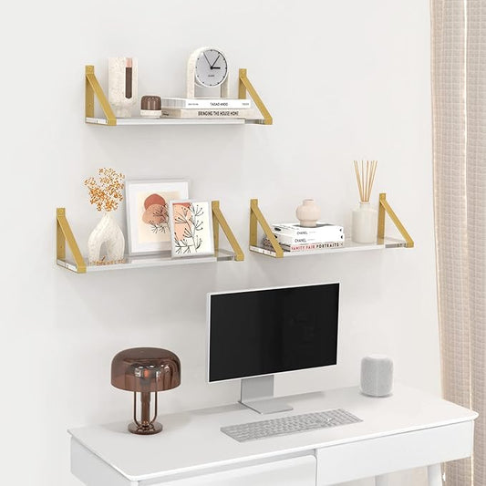 Clear Shelves, Gold Floating Shelves Wall Mounted Set of 2, 8mm Transparent Acrylic, Invisible Wall Shelves for Bedroom, Living Room, Bathroom, Kitchen, Office Display Decor (15in)