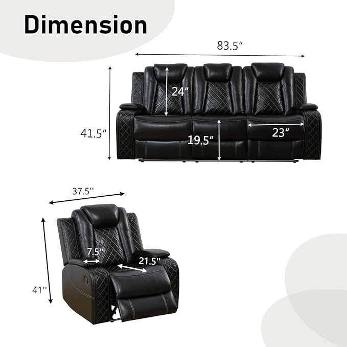 Power Recliner Sofa Set, Air Leather Reclining Couch with LED/Cup Holders/Storage, 2 Pieces Reclining Living Room Furniture, Black Leather Sofa and Chair for House/Apartment/Office