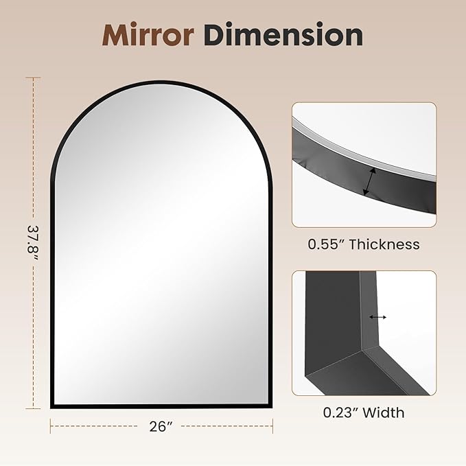 Wall Mounted Mirror, 26"x38" Arched Wall Bathroom Mirror, Black Vanity Wall Mirror with Metal Frame, Modern & Contemporary Arch Top Wall Mirror for Bedroom, Entryway, Living Room,Black