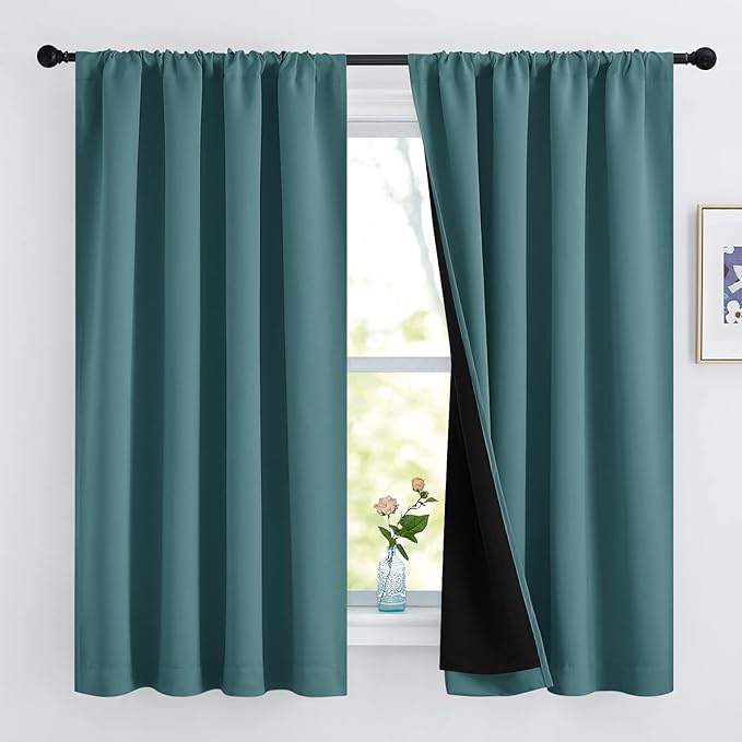 NICETOWN 100% Blackout Curtain Panels, Thermal Black Liner Curtains for Nursery Room, Noise Reducing and Cold Blocking Drapes for Windows (Set of 2, Sea Teal, 52 inches Wide by 63 inches Long)