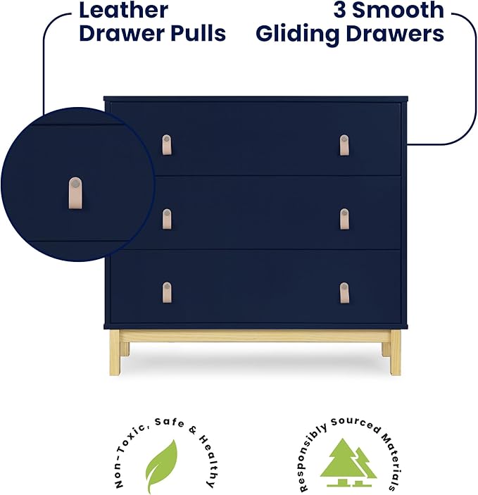 babyGap Legacy 3 Drawer Dresser with Leather Pulls and Interlocking Drawers by Delta Children, Navy/Natural