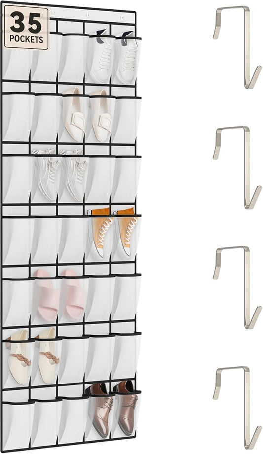 dodowin Over the Door Shoe Organizer Rack, 35 Large Breathable Mesh Pockets, Foldable Hanging Storage Holder for Closet Door, Space Saving Shoe & Accessory Organizer with 4 Metal Hooks, White