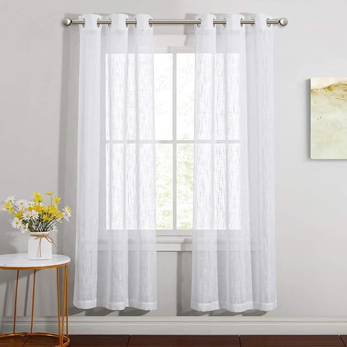 NICETOWN Linen Curtains White Semi Sheer 72 inch Long for Windows, Privacy with Light Filtering Grommet Top Window Treatments for Bedroom/Living Room, W34 x L72, 2 Panels