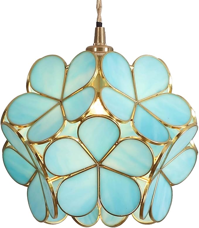 Bieye L10747 Petals Tiffany Style Stained Glass Ceiling Pendant Light with 8-inch Wide Lampshade (Sky Blue, 8" Cherry Blossom)