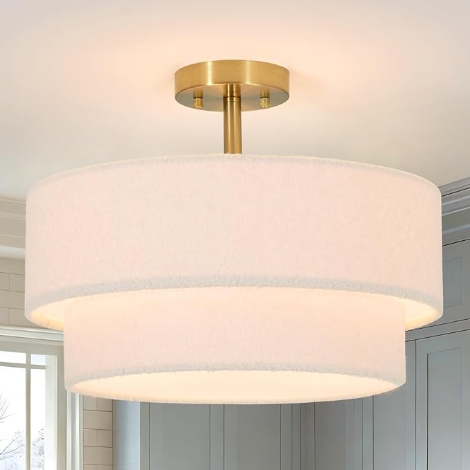 16.5'' Semi Flush Mount Ceiling Light, 3-Light Gold Ceiling Light Fixture with 2-Layer White Plush Shade, Farmhouse Drum Close to Ceiling Light for Living Room, Hallway, Bedroom, Kitchen, Dining Room