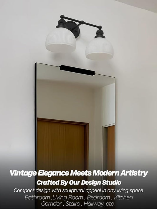2-Light Wall Sconces,Black Double Bathroom Vanity Light with Milk Glass Minimalist Farmhouse Wall Sconce Light Lamp for Bathroom Mirror Living Room Bedroom Kitchen E26 Hardwire Indoor