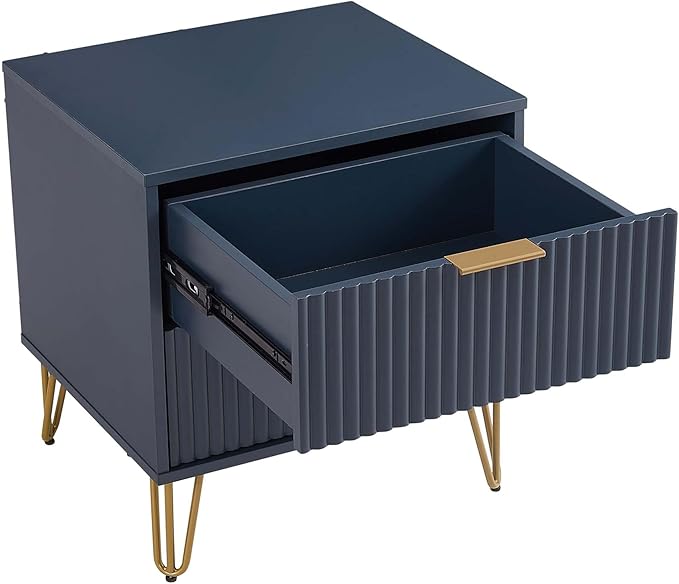 Manhattan Comfort Dumbo Modern Nightstand 2.0 with 2 Metal Feet | Splayed Gold Legs | Vertical Ribbed Design | No Tool Assembly Storage for Bedroom, Set of 2, Midnight Blue