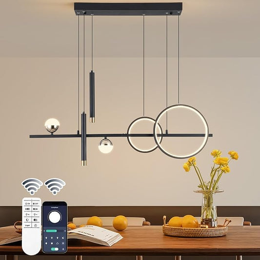 LED Modern Chandeliers for Dining Room, Dimmable Black Gold Chandelier Kitchen Pendant Lighting Over Island, Linear Ring Globe Pendant Light Fixtures Dining Room Lights Ceiling Hanging