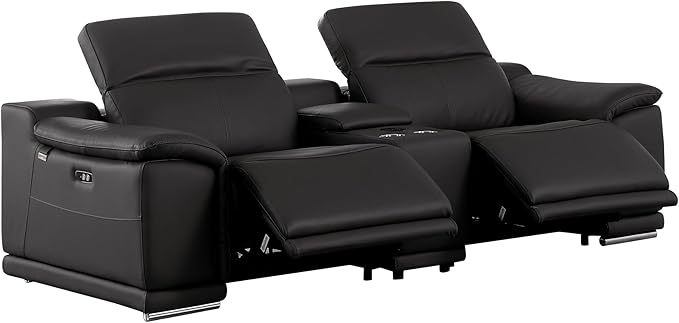 BlackJack Furniture Venice Top Grain Italian Leather Power Recline 6 Piece 5 Seater Sofa - 107" Theater Seating Modern Couch for Living Room Apartment with Adjustable Headrests & USB Port, Black