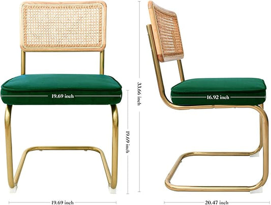 Mid-Century Modern Dining Chairs Set of 2, Velvet Upholstered Seat with Natural Rattan Backrest, Armless Side Chairs with Metal Legs, Ergonomic Design for Home Kitchen Dining Room, Green, CangLong