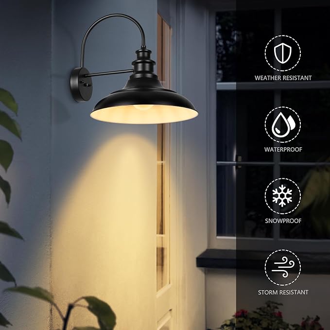 Dusk to Dawn Sensor Outdoor Barn Light Fixture, 16 Inch Dome Farmhouse Outdoor Wall Sconce, Rustic Exterior Wall Mount Light, Industrial Black White Wall Lantern for Porch, 1 Pack