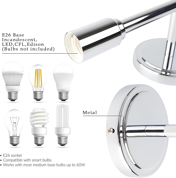 Phansthy Wall Sconces Set of Two, Modern Sconces Wall Lighting Fixtures, 2-Light Bathroom Light Over Mirror, Indoor Ceiling Light/Wall Light for Bedroom, Living Room (Chrome 2 Pack)