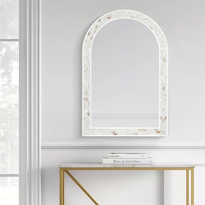Tanmicoshomy Arched Bathroom Mirror 20x30 Inches, Natural Shell and White Wood Framed Mirrors with Tempered Glass for Bathroom Living Room Bedroom or Entryway