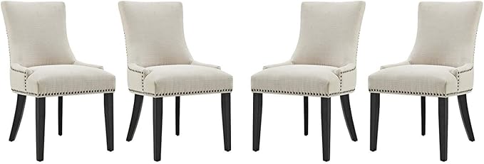 Modway Marquis Modern Upholstered Fabric Four Dining Chairs with Nailhead Trim in Beige