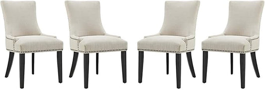 Modway Marquis Modern Upholstered Fabric Four Dining Chairs with Nailhead Trim in Beige