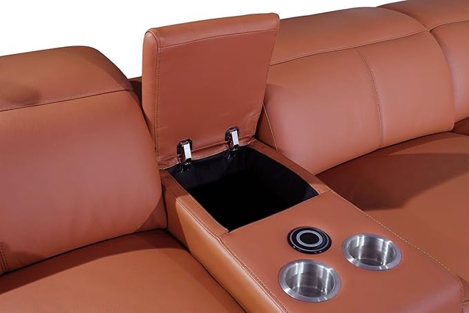 BlackJack Furniture Venice Top Grain Italian Leather Power Recline 5 Piece Sofa - 134" Theater Seating Modern Couch for Living Room Apartment Lounge Home with Adjustable Headrests & USB Port, Camel