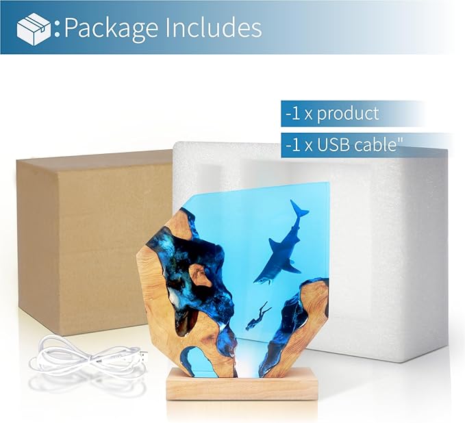 Shark Diver LED Ocean Lamp, Epoxy Resin Decorative Night Light for Office, Desk, Bathroom or Bedroom, Suitable for Holidays (Shark&Diver)