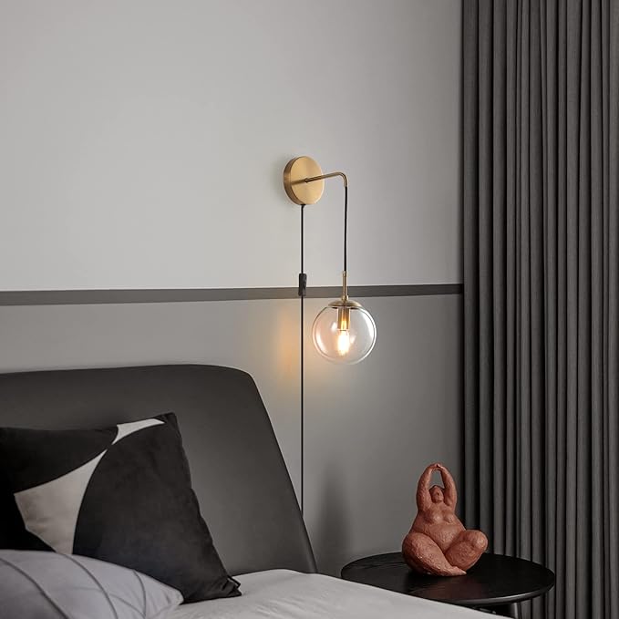 Wall Sconces Set of Two Plug in Wall Sconces Brushed Brass Gold Wall Lamp with Cord Wall Sconce Plug in with Globe Clear Glass Shade Sconces Set of 2 Wall Light Sconce