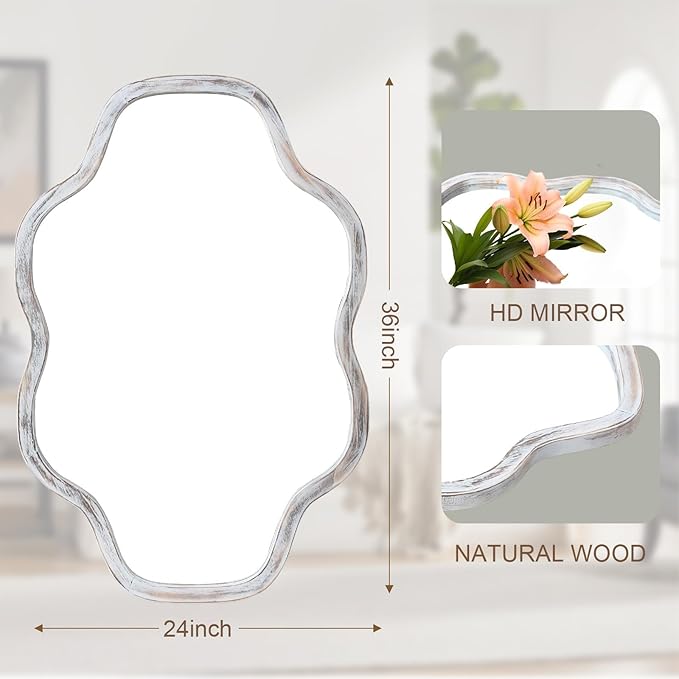 ULIKE Wall Mirror 24"x36" White Wavy Natural Wood Frame – Irregular Cloud Shape Vanity Mirror for Bathroom Bedroom Living Room Entryway