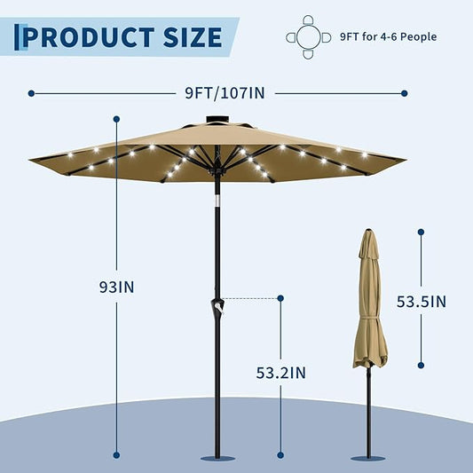 Garvee 9FT Solar Patio Umbrella with 32 LED Lights - Outdoor Table Umbrella with Crank Lift, Push Button Tilt and 8 Sturdy Ribs - Market Umbrella UV Protection for Pool, Deck, Yard, Garden -Tan