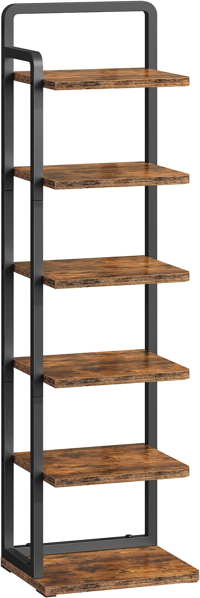 6-Tier Vertical Shoe Rack, Narrow Shoe Tower, Corner Shoe Storage Organizer, Shoe Shelf, for Small Spaces, Industrial Style, for Entryway, Hallway, Living Room, Rustic Brown and Black TXJ06BF