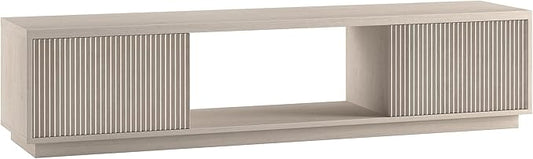 Henn&Hart Fluted TV Stand for TVs up to 78" with 2 Ribbed Side Storage Cabinets and Open Center Storage for Living Room, Family Room, or Office, Beech White